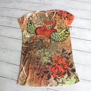 Vintage Womens Graphic T Shirt Top Size S XS Tattoo Art Heart Wings